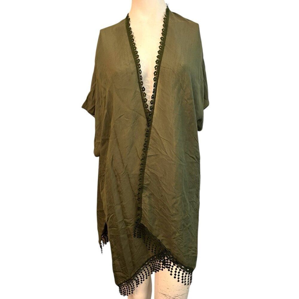 Steve Madden Ladies OS Olive Green Open Front Cardigan Crochet Lace Cardigan NWT